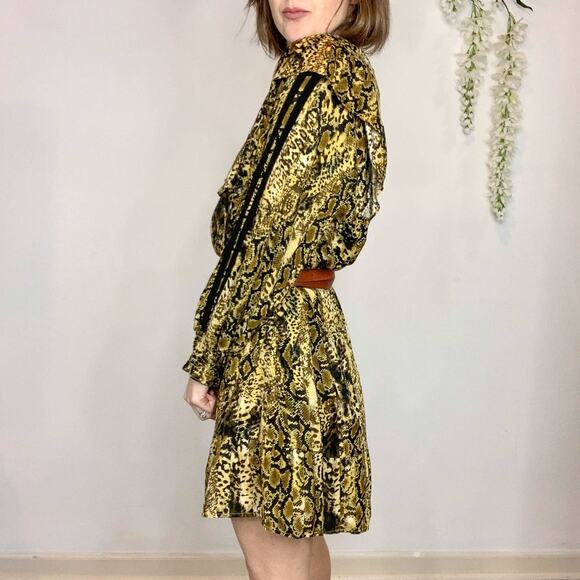 BA&SH Sym trapeze shift dress ochre ruffled bib front snakeskin print 2730 - Picture 5 of 14